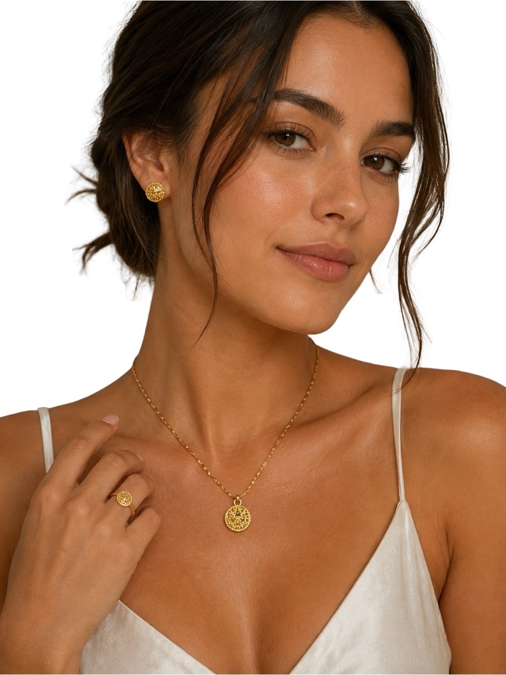24k Dubai  Gold Plated Necklace Rope Style Chain W/Pendant , Earrings & Ring Set